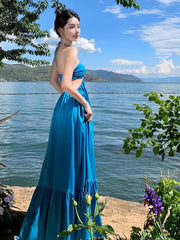 Aiertu Summer New Women's Blue Sexy Club Hanging Neck Hollowed Backless Pleated Long Dress Birthday Evening Party Bandage Sundress Aiertu