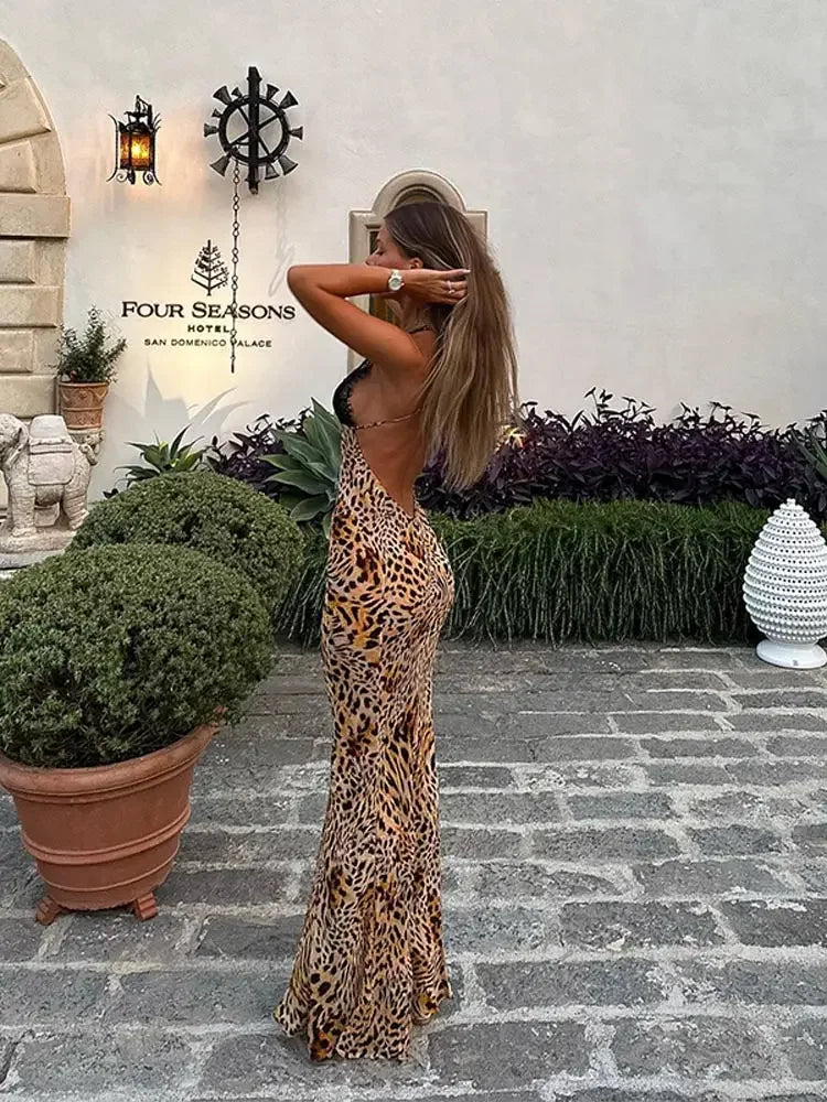 Aiertu Sexy Lace Patchwork Women Leopard Print Maxi Dress Fashion Deep V-neck Sleeveless Backless Dresses Female High Street Slim Robes Aiertu