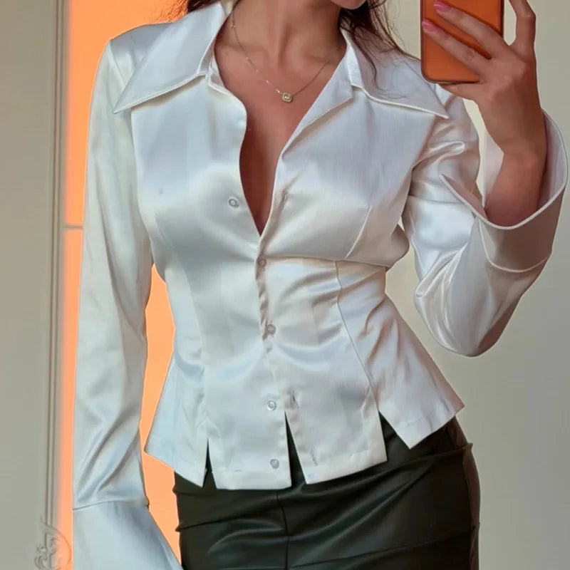 AIERTU  -  Satin Blouse Deep V Neck Button Front Long Sleeve Cinched Waist Daily Casual Office Slim Fit Collared Spring Autumn Blouse Aiertu