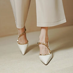 Aiertu NEW Summer/Spring Women Shoes Pointed Toe Thin Heel Sandals Rivet High Heels Concise Genuine Leather Shoes Dress Shoes for Women Aiertu