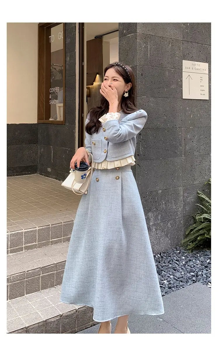 Aiertu Suit Short Long-Sleeved Jacket + Skirt Little Fragrance Blue 2024 Fall Two Piece Sets For Women Royal Sister Sense Of Luxury Aiertu