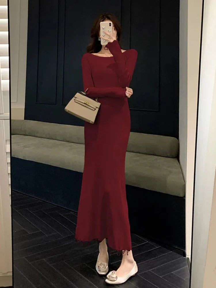 Aiertu DRESS TO IMPRESS Autumn Elegant Sexy Solid Midi Knit Dress Women Long Sleeve Slim Spring New French Vintage Wedding Party Vestidos Robe Mujers Aiertu