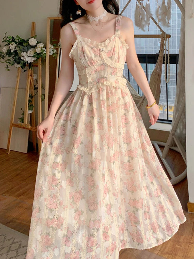 Aiertu Chiffon Lace Strap Dress Women Floral Embroidery Fairy Vintage Long Dress Female Sweet Princess Casual Party Dresses Summer Aiertu