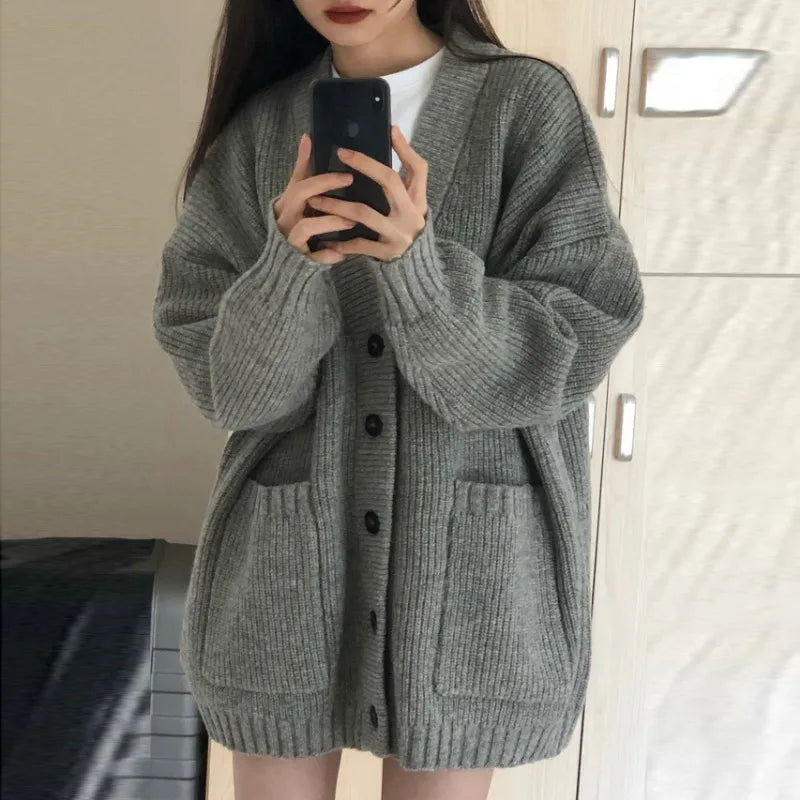 Aiertu Autumn Winter Women Cardigan Sweater Coats Fashion Female Long Sleeve V-neck Loose Knitted Jackets Casual Sweater Cardigans Aiertu