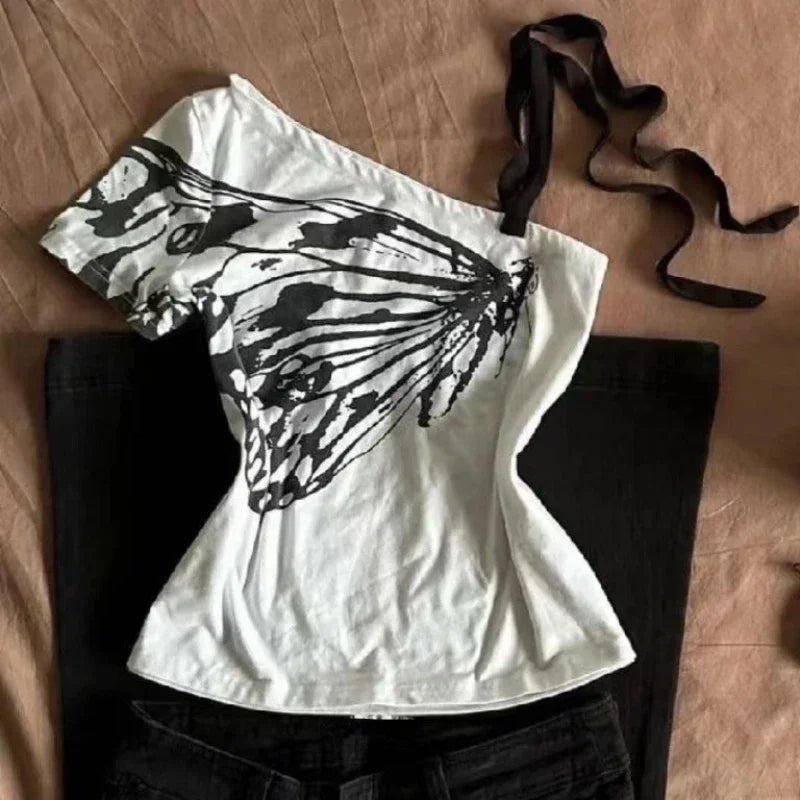 Aiertu Summer Fake Two Pieces Halter Bandage Vintage T-shirts Y2k Aesthetic Slim Crop Tops Women Grunge Print Harajuku Casual Sexy Tee Aiertu