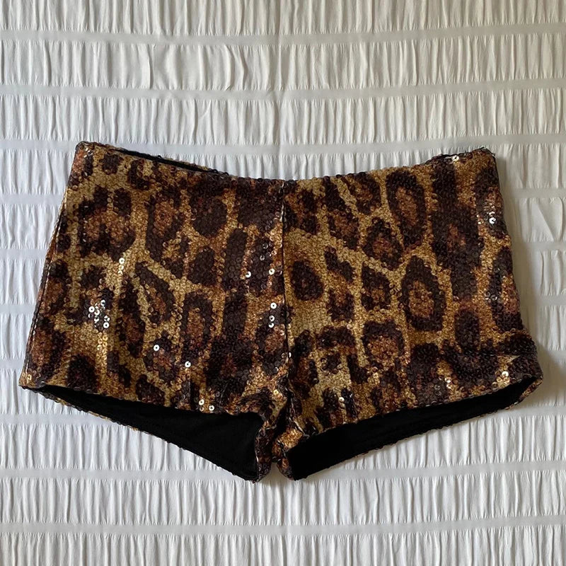 AIERTU  - Sequin Leopard Print Boot Cut Low Rise Shorts Women's Club Party Fitness Bodycon Pants Party Club Streetwear Summer Aiertu