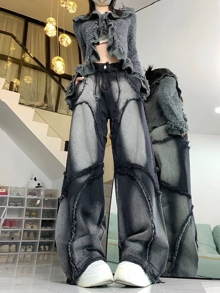 Aiertu Y2k Baggy Jeans Women Vintage Streetwear Hip-hop  Harajuku Design Wide Leg Denim Pants 2024 Spring Fashion Aiertu