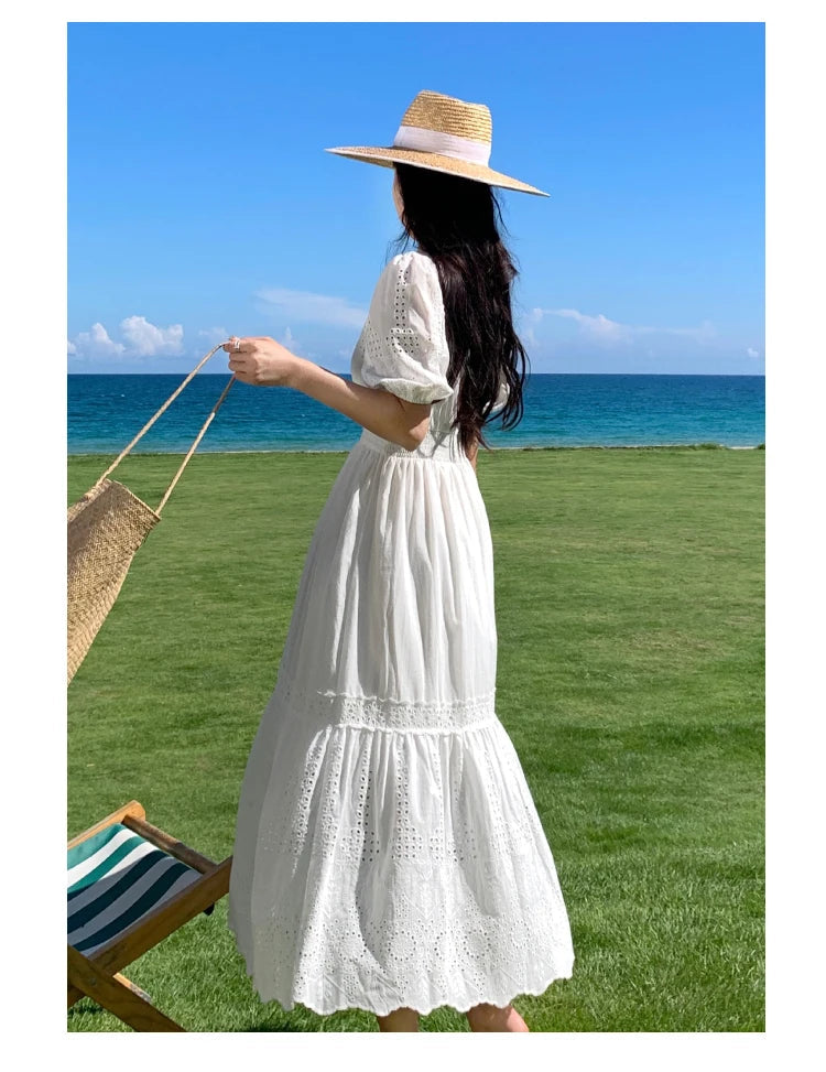 Aiertu Vintage Summer White Hollow Out Embroidery Long Dress For Women V Neck Short Sleeve High Waist Slim Evening Party Dresses French Aiertu