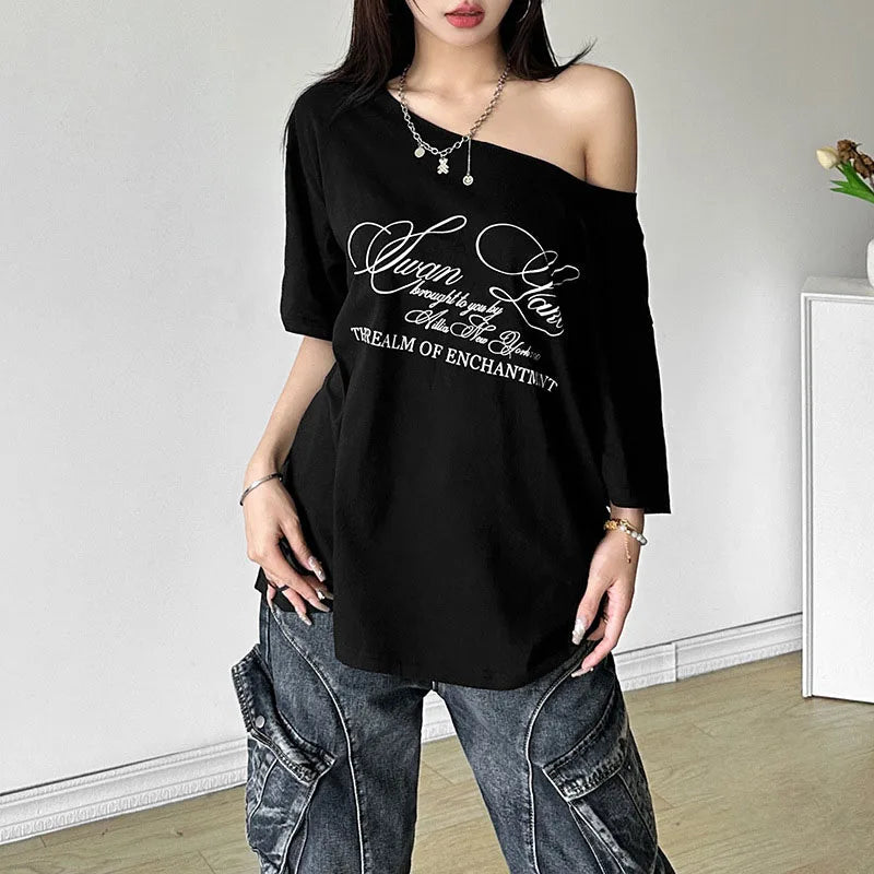AIERTU  -  Women T-shirt Slanted Neck Loose Letter Print Pattern Solid Color Simple Fashion Daily Leisure Versatile Short Sleeve Top Aiertu