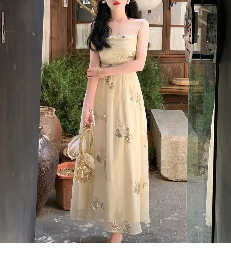 Aiertu Elegant Vintage Floral Slip Dress Women Sequin Embroidery Casual Long Fairy Dress Female 2024 Autumn Fashion Korean Style Dress Aiertu