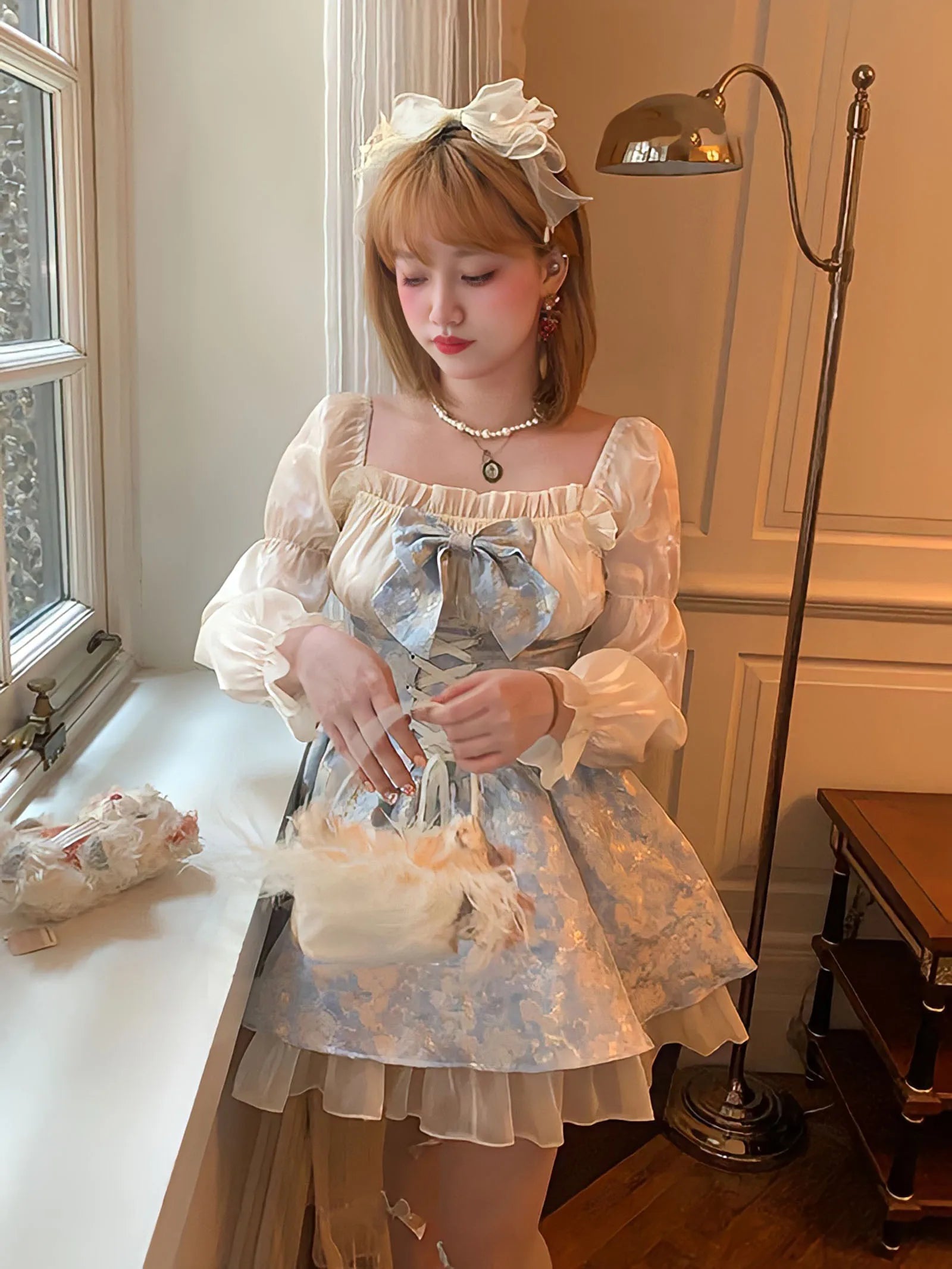 Aiertu  Princess Dress Women Party Y2k Bandage Blue Cosplay Costumes Japanese Puff Sleeve Ribbon Square Neck Bowknot Mini Dress Aiertu