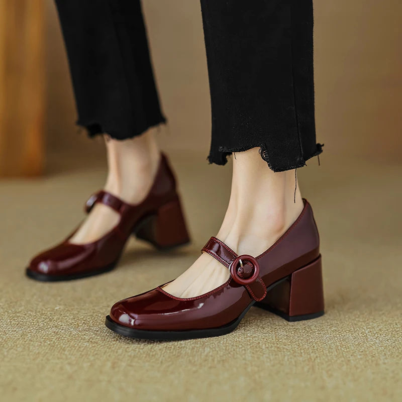 Women Pumps Thick Heels Spring Patent Leather Mary Janes Genuine Leather Round Toe Buckle Strap Retro Office Lady Shoes Woman Aiertu