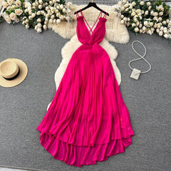 Aiertu Summer Sexy A Line Dress Deep V Neck Sling Cross Ruffles Backless Pleated Solid Women Elegant Evening Party Long Dress Aiertu