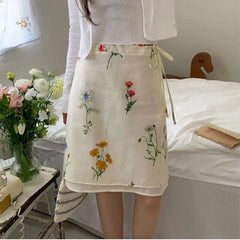 AIERTU  -  Summer Korean High Street Casual Mini Skirt Women's Botanical Floral Print Drawstring Tie Skirt Vintage Elegant Holiday Skirt Aiertu