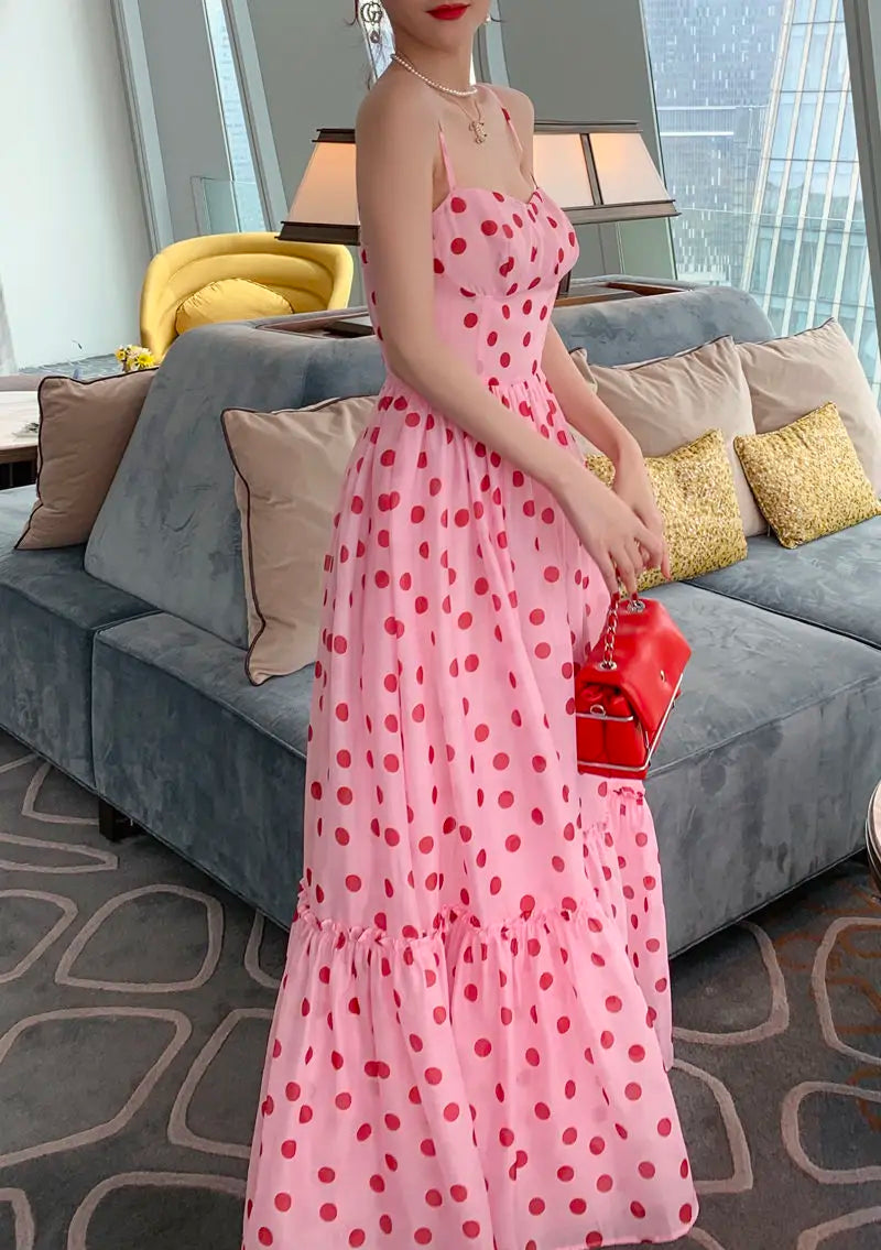 Aiertu Women Vintage Sexy Dot Dress Retro Party Dress Summer Sleeveless French Waist Up Sweet Fairy Big Swing Skirt Long Sundress Aiertu
