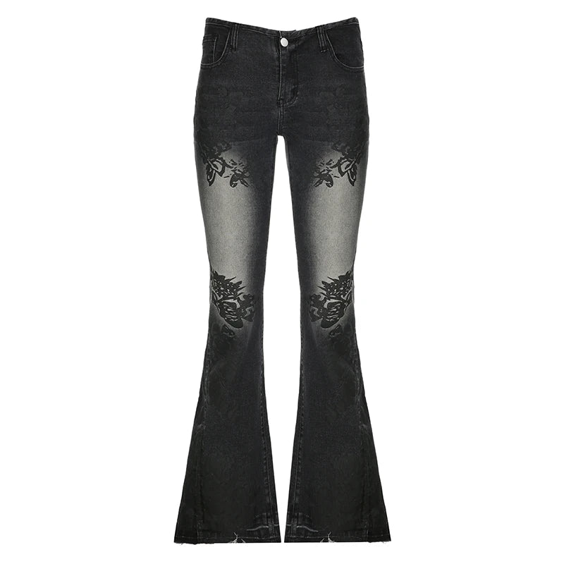 Aiertu Streetwear y2k Flare Jeans Distressed 2000s Floral Print Low Rise Slim Denim Pants Korean Women Trousers Retro Mom Jeans Aiertu