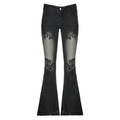 Aiertu Streetwear y2k Flare Jeans Distressed 2000s Floral Print Low Rise Slim Denim Pants Korean Women Trousers Retro Mom Jeans Aiertu