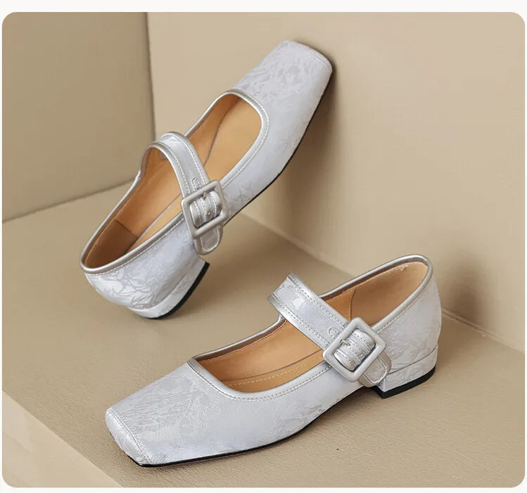 Aiertu NEW Spring/Autumn Women Pumps Square Toe Chunky Heel Shoes Satin Shoes for Women Elegant Low Heel Buckle Black Mary Jane Shoes Aiertu