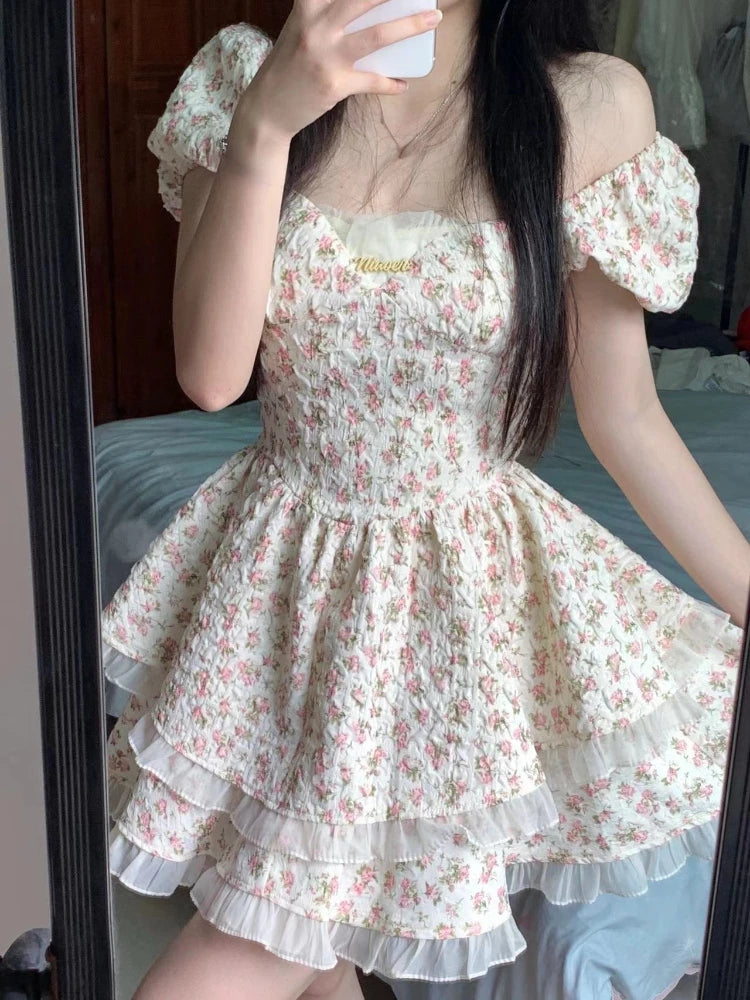 Aiertu Flower Print Kawaii Sweet Dress Women Hollow Out French Vintage Mini Dress Female Butterfly-knot Korean Designer Dress New Aiertu
