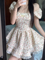 Aiertu Flower Print Kawaii Sweet Dress Women Hollow Out French Vintage Mini Dress Female Butterfly-knot Korean Designer Dress New Aiertu