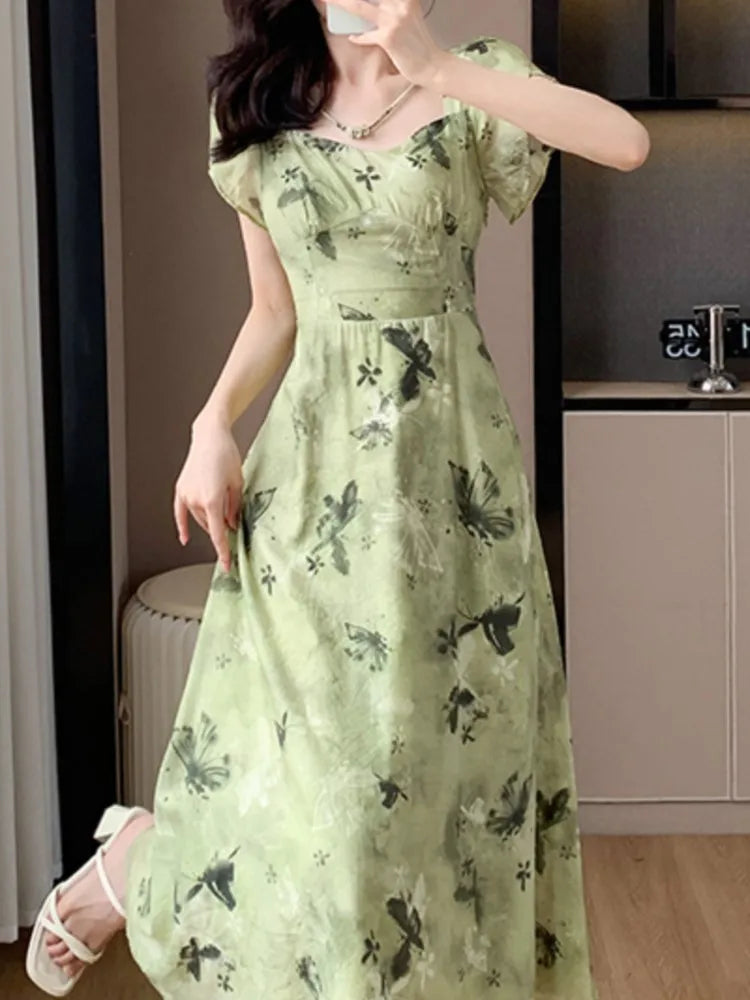 Aiertu New Women Vintage Floral Print Midi Green Dress Elegant Chic A-Line Party Evening Clothes Female Fashion Casual Vestidos Robe Aiertu