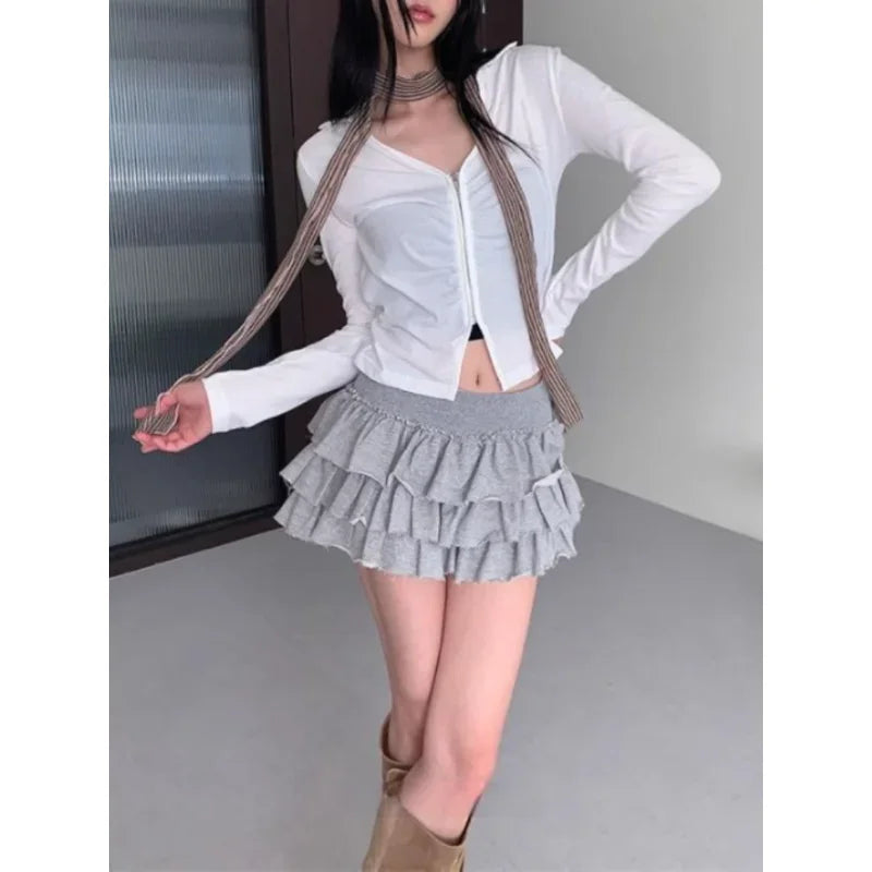 Aiertu Harajuku Y2k Lolita Mini Cake Skirt Soft Girl low Waist Ruffle Fluffy Fairy Skirts Summer Kawaii Cute Elegant Short Skirt Black Aiertu