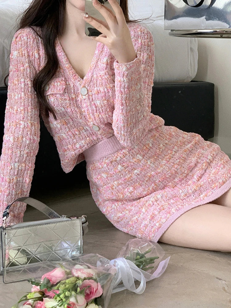 Aiertu Two Piece Dress Set Sweet Cardigan Sweater + Slim Skirt Pink Elegant Y2k Mini Dress Autumn Office Lady Casual Knitted Suits Aiertu