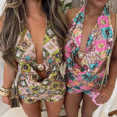 AIERTU  -  Women Shiny Sequins Shorts Set Beach Vacation Backless Halter Crop Top + Micro Bodycon Shorts Festival Rave Club 2 Piece Outfit Aiertu