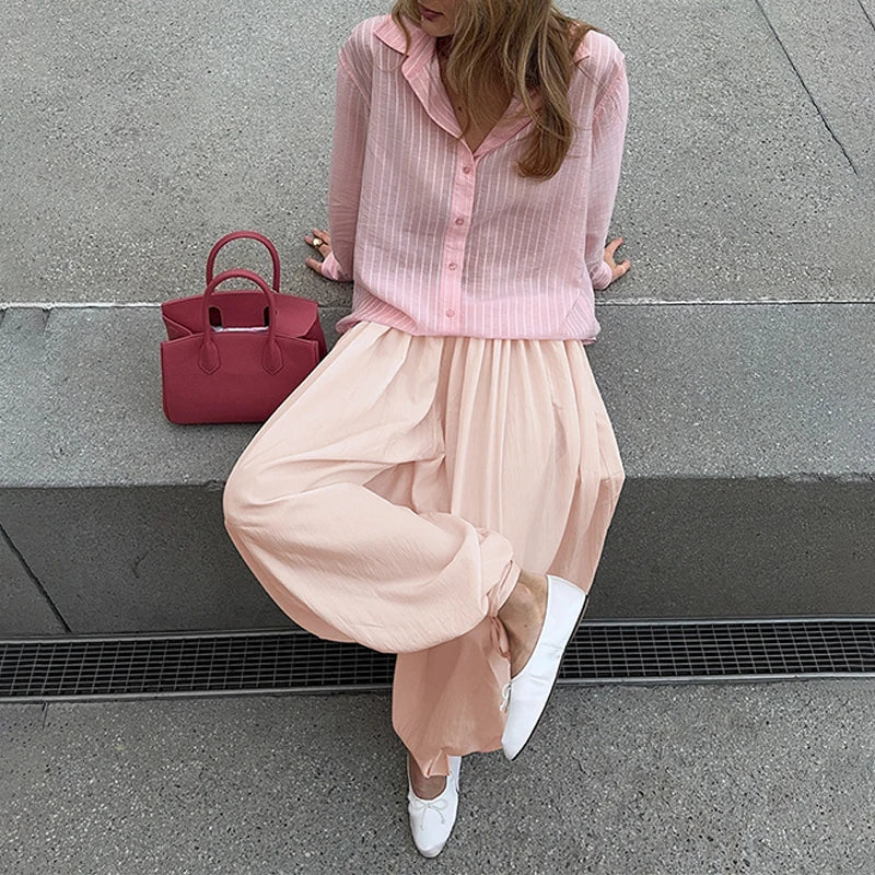 AIERTU  -  Summer Spring Strapped Lantern Pants High Waist Elastic Loose Sweet Girl's Party Long Ruched Pink Trousers Clubwear Aiertu