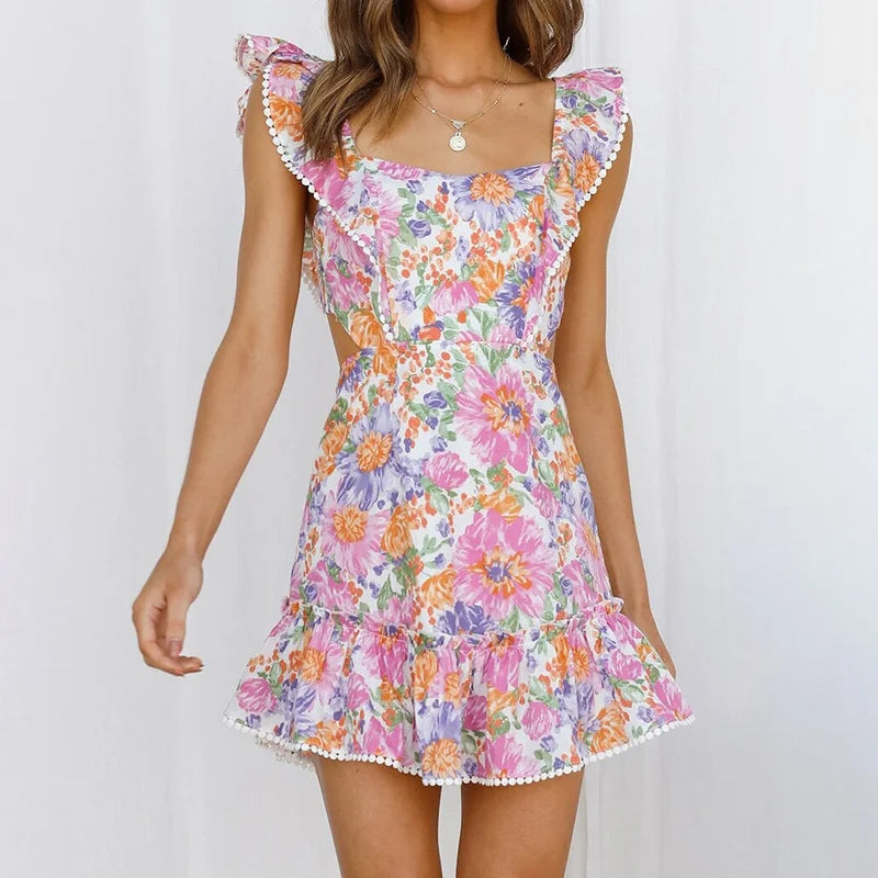 AIERTU  -  Floral Print Mini Dress For Women Ruffle Strap Square Neck Open Back Tie Bow Ruffle Hem Skirt Lady's Dating Vacation Frock Aiertu