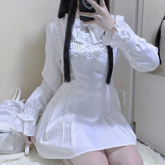 Japanese Punk Style Y2k Lolita OP Dress Women Vintage Elegant Ruffle Bow Lace Evening Party Dresses Female High Waist Slim Dress Aiertu
