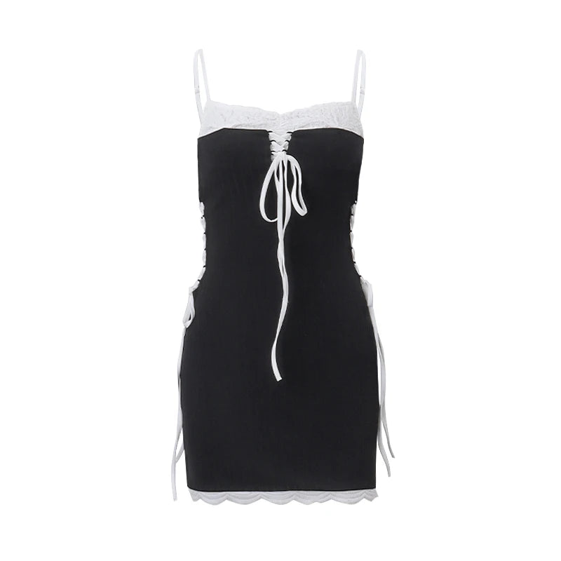 Aiertu Sexy Cross Bandage Patchwork Mini Dress Y2K Streetwear Spaghetti Straps Low-cut Dresses Summer Casual Party Vestidos Aiertu