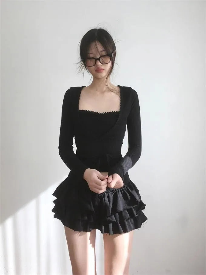 Aiertu Harajuku Y2k Lolita Mini Cake Skirt Soft Girl low Waist Ruffle Fluffy Fairy Skirts Summer Kawaii Cute Elegant Short Skirt Black Aiertu