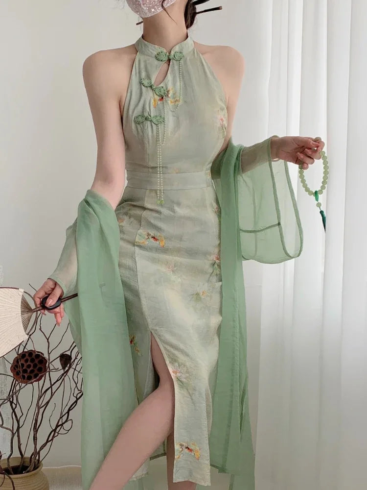 Aiertu Print French Vintage Two Piece Set Women Elegant Sweet Party Long Dress Suit Female Causal Cardigan + Korean Fashion Dress Aiertu