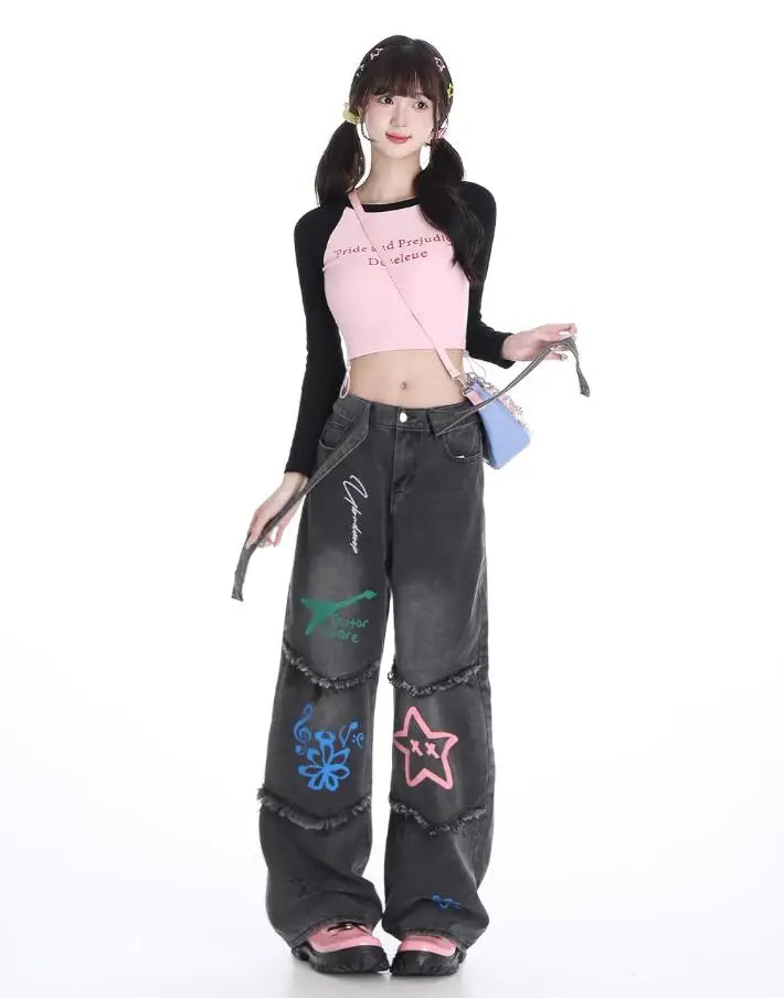 Aiertu American Vintage High Waist Straight Jeans Grunge Streetwear Tassels Print Pants Women's Casual Baggy Y2K Wide Leg Denim Trouser Aiertu