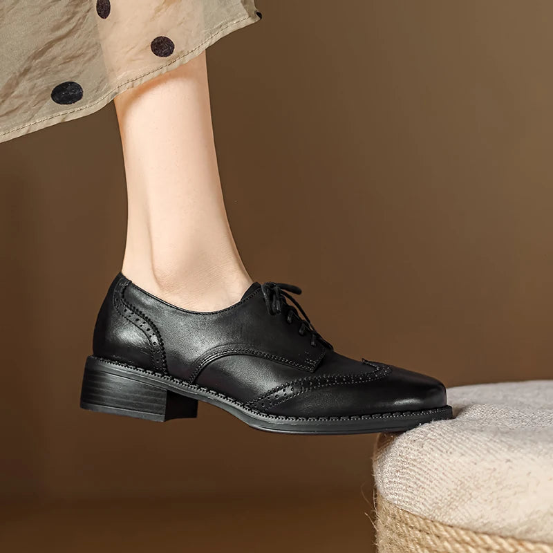 Women Pumps Oxfords Autumn Shoes for Woman Genuine Leather Brogues Retro Lace Up Loafers Casual Handmade Black Girls Shoes Aiertu