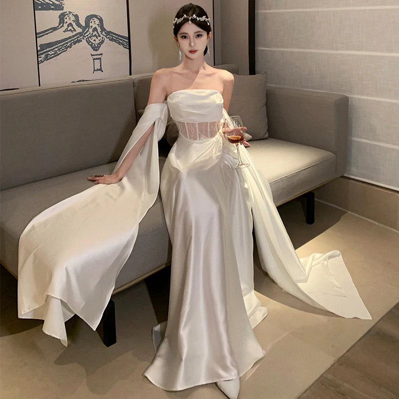 Aiertu Retro White Lace High Waist Off Shoulder Strapless Long Dress Women Sleeveless Backless Pleated Party Evening Dresses Summer New Aiertu