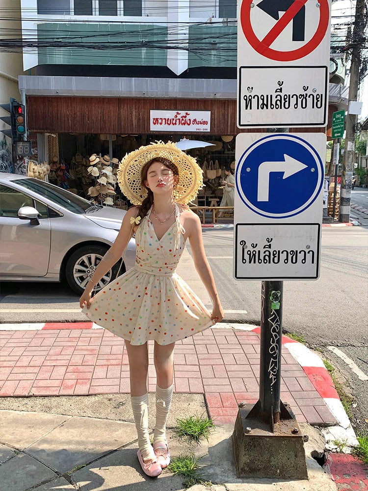 Aiertu 2024 Summer Sweet Y2k Mini Dress Women Casual Sleeveless Dot Short Party Dress Beach Style One Piece Dress Korean Fashion Chic Aiertu
