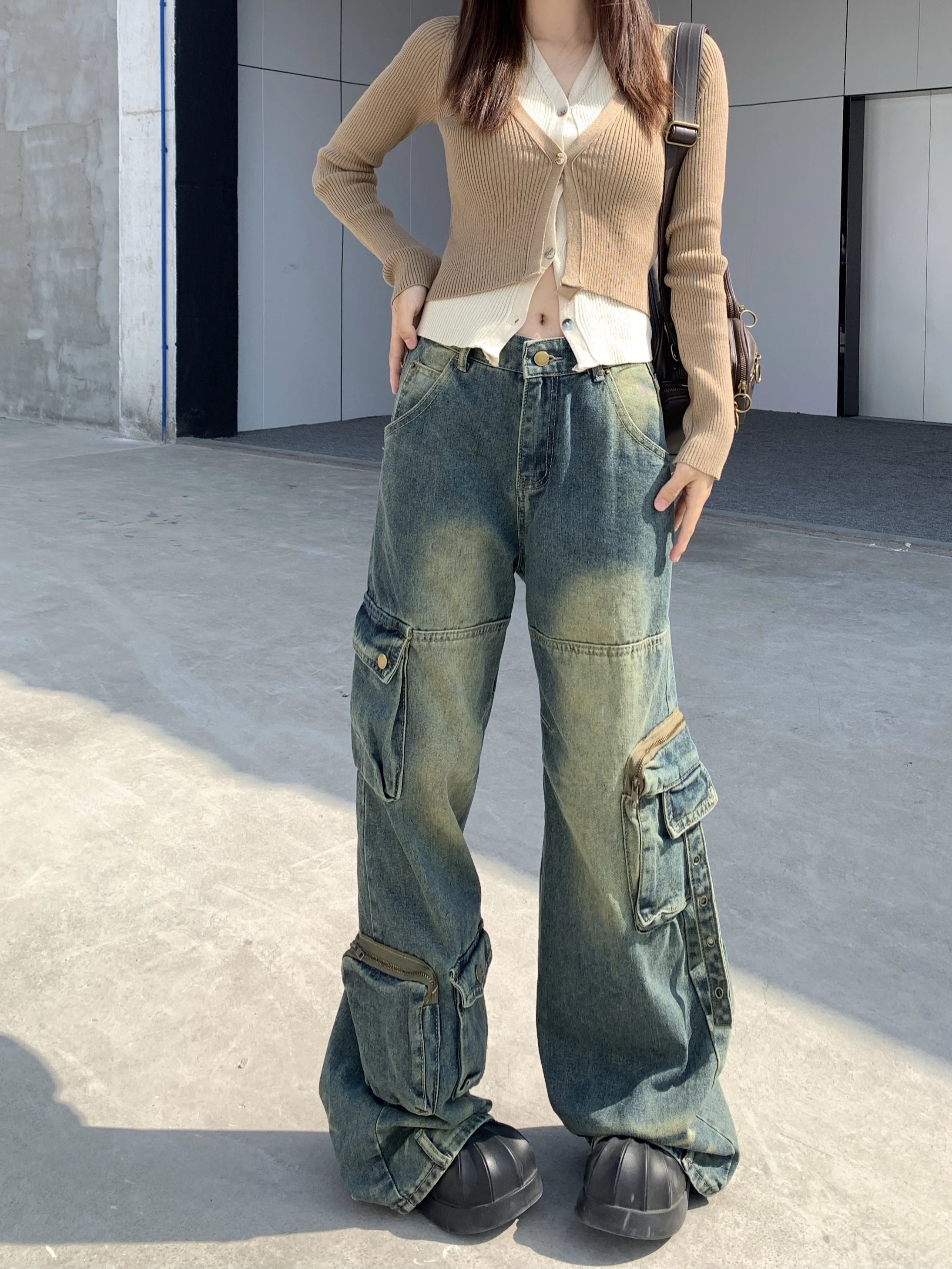 Aiertu Autumn Winter New Ladies Cargo Jeans American Street Style Baggy Cargo Pants Women Blue Multi-pocket Wide Leg Jeans for Women Aiertu