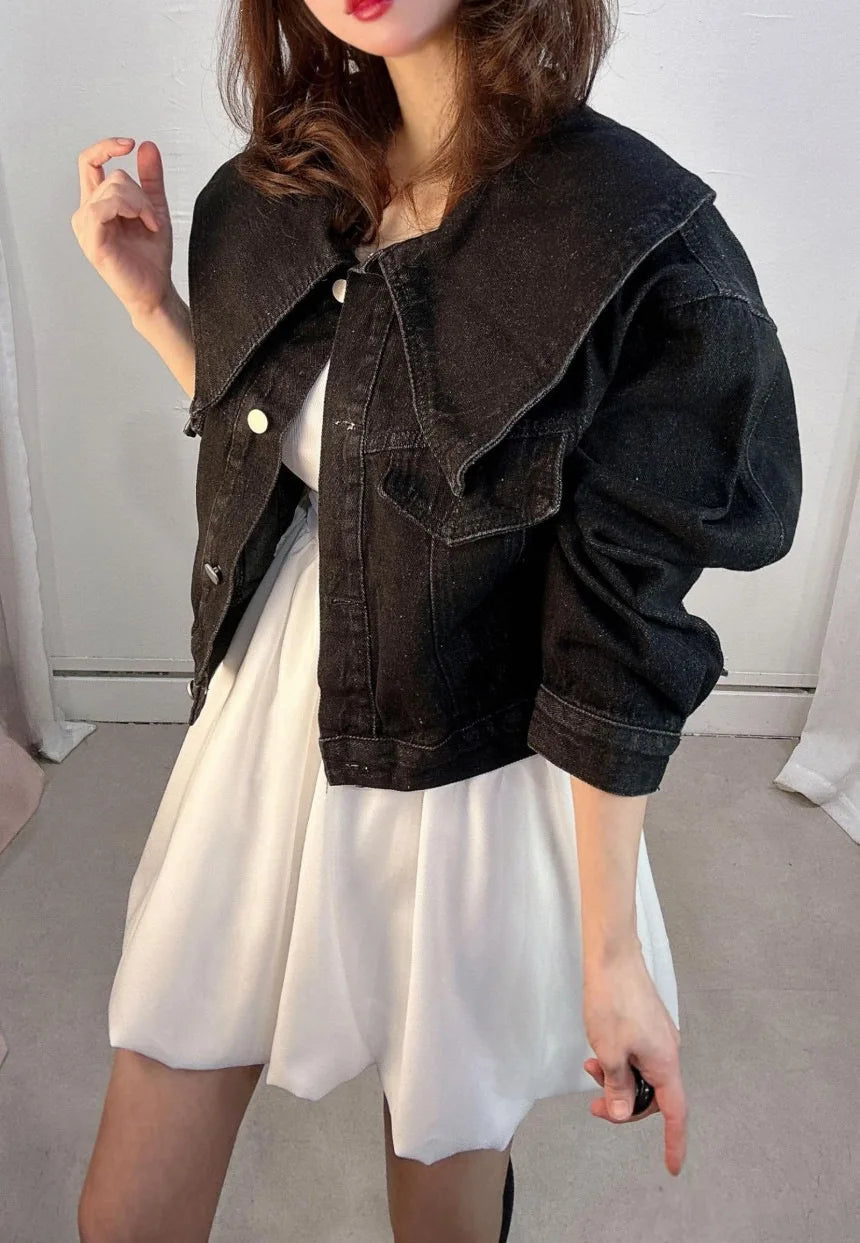 AIERTU  -  Autumn Korean Denim Jacket Women Big Peter Pan Collar Single Breasted Loose Short Jean Coat Sweet Casual Solid Outerwear Aiertu