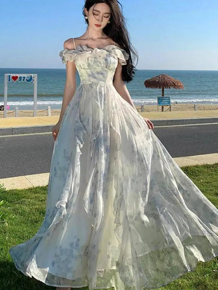 Aiertu French Vintage Bohemian Beige Print Ruffles Slip Long Dresses Summer Elegant Lady Off Shoulder Party Evening Dress Vestidos Robe Aiertu