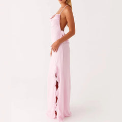 AIERTU  -  Women'S Summer Pink Slim Suspenders Straps Rose Appqulie Sleeveless Dress V-Neck  Flowers Split Ruffles Maxi Dress Elegant Party Aiertu