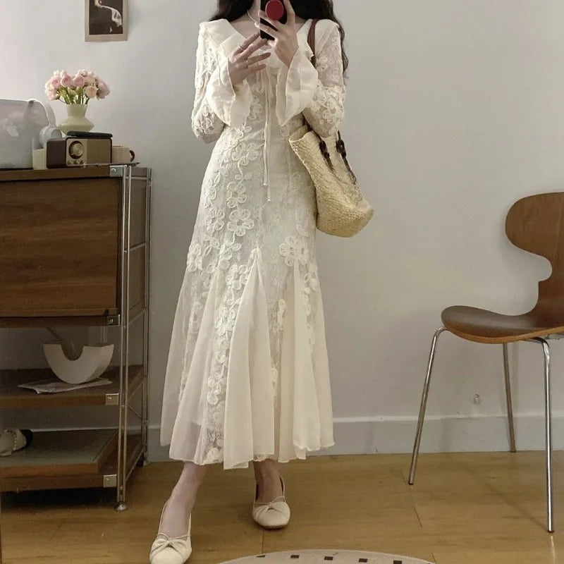 AIERTU  -  Flowers Mermaid Dresses for Women Flare Sleeve Korean Fashion Long Dress Spring Autumn Elegant Vestidos Mujer Aiertu