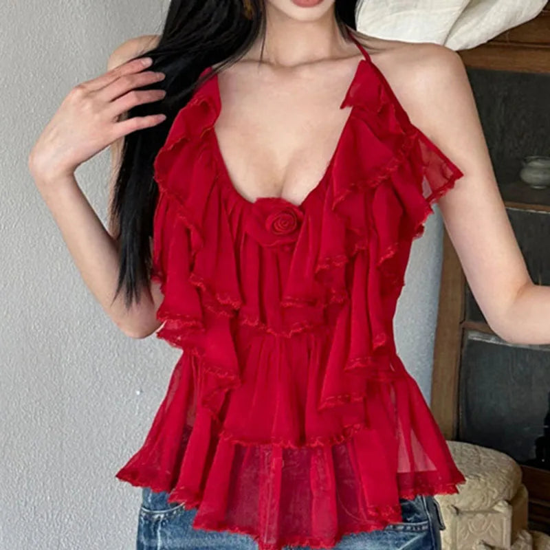 AIERTU  -  Women Camisoles V-neck Retro Ruffle Edge Irregular Pleats Halter Exposed Back Elastic Slim Fit Sexy Temperament Strapless Top Aiertu