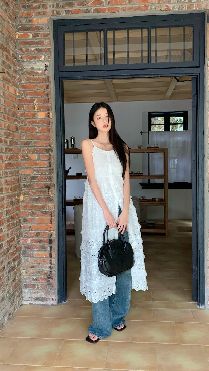 Aiertu White Suspender Embroidered Dress For Women'S Summer High-End Hollowed Out Design, Elegant And Chic Long Skirt Aiertu