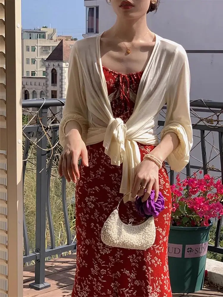 Aiertu Red Vintage Slip Long Floral Dress Women Elegant Sexy Lace Bodycon Dress Summer Party One Piece Dress Female Beach Korean Style Aiertu