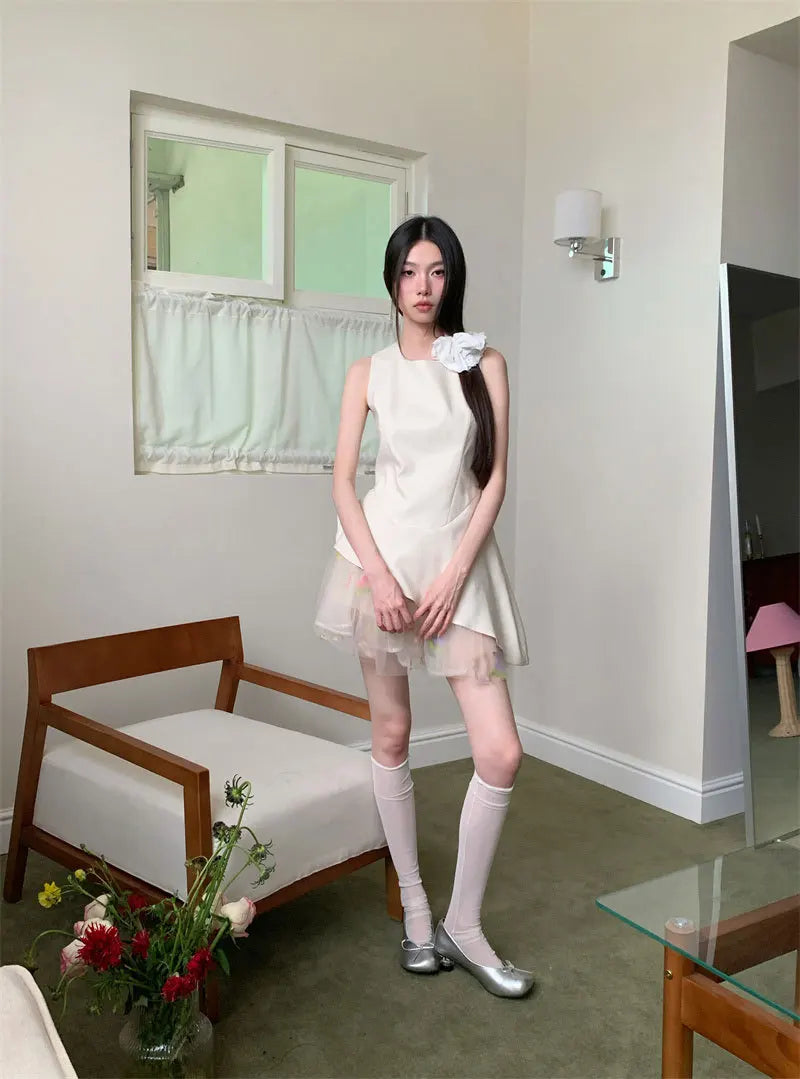 AIERTU  -  Women Dress Mesh Splicing Irregular Edge Design Sleeveless Vest Style Round Neck Solid Color Simple Slim Temperament Short Dress Aiertu