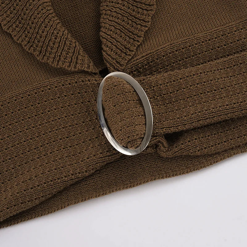 AIERTU  -  Brown Chunky Knit Shawl Collar Cardigan Long Sleeve Cropped Open Front Belted Daily Casual Streetwear Chunky Rib Cardigan Aiertu