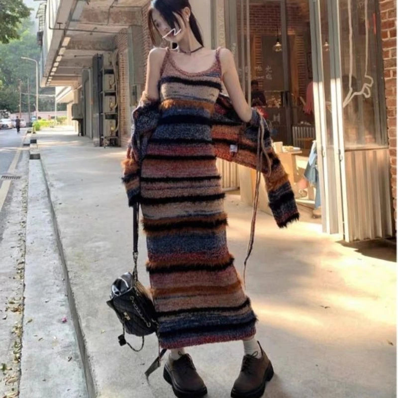 Vintage Striped Gradient Knit Women Set Short Sweater Cardigan Tops Slim Sexy Long Dresses Suit Autumn Winter High Street Outfit Aiertu