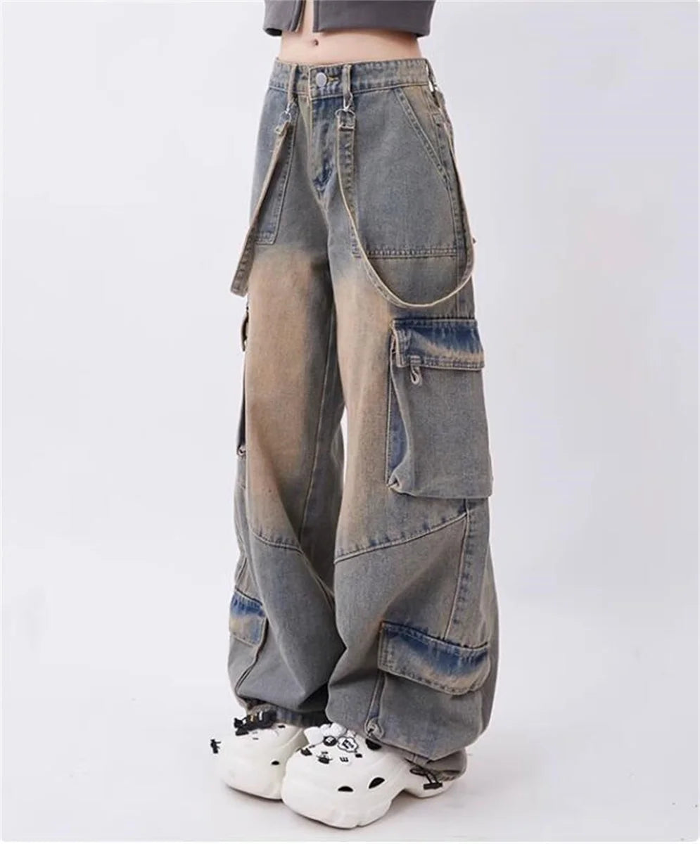 Aiertu Y2k Cargo Jeans Pants Women Rave Pants Street Oversize Loose Wide-leg Pockets Female Pant Vintage Hip Hop Denim Trousers Aiertu